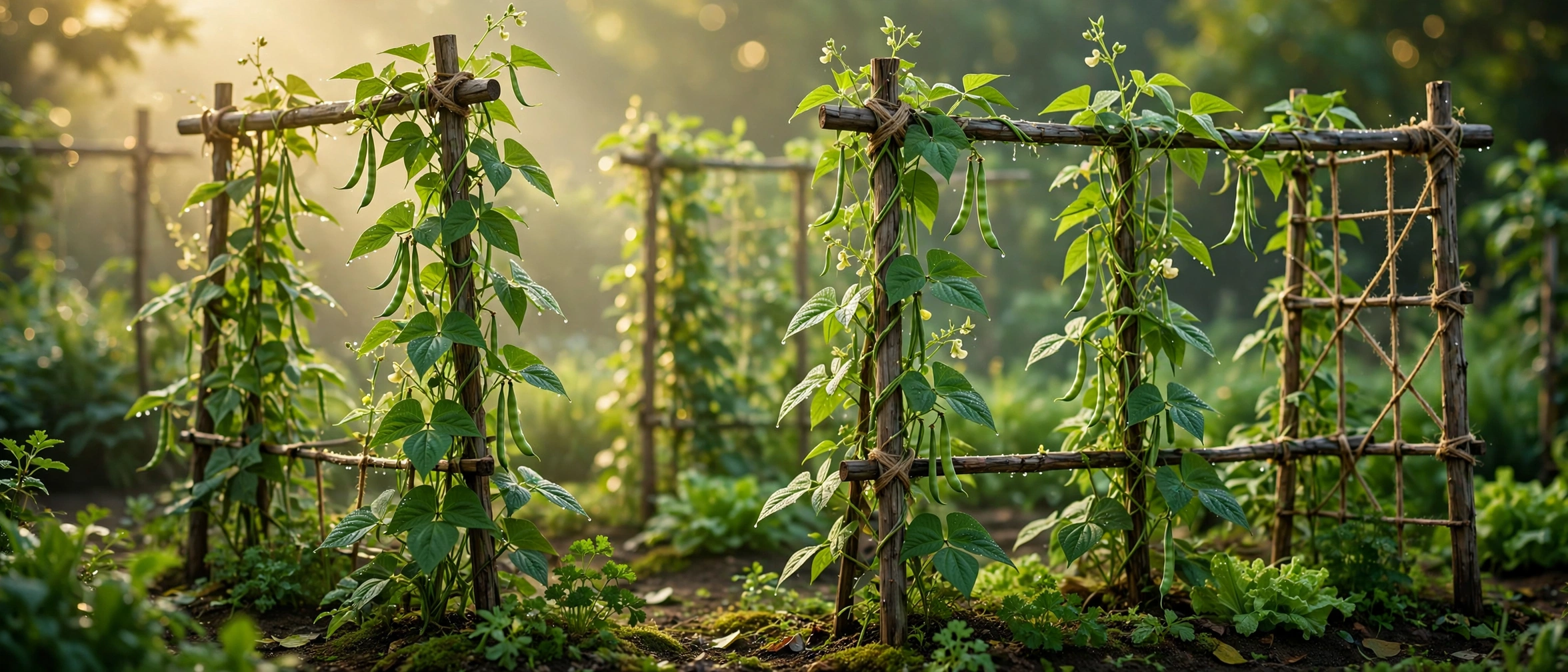 String bean vines climbing rustic trellises in warm morning light