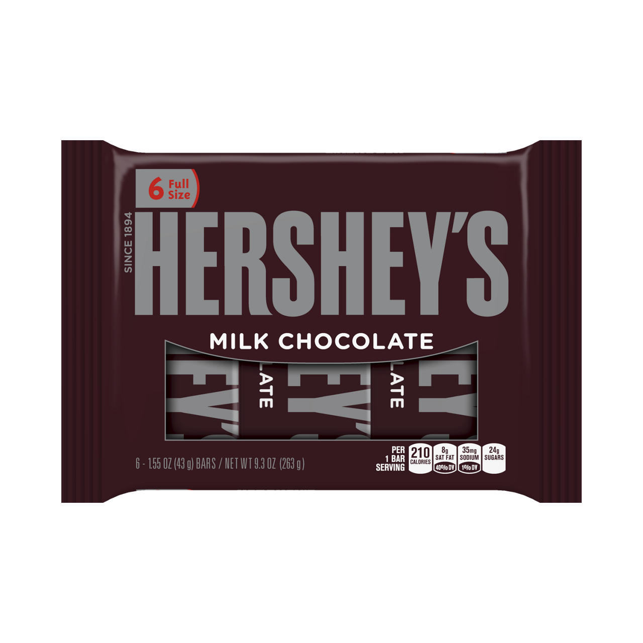 Hershey's milk chocolate candy bars, six full-size 1.55-ounce bars