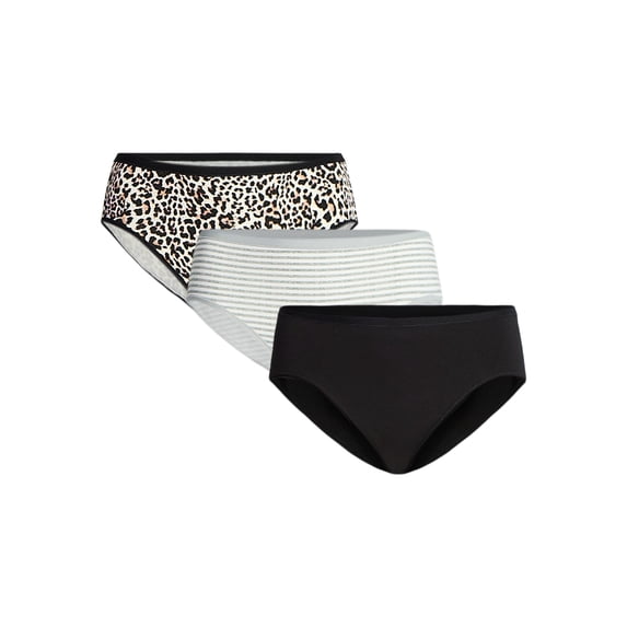 Three Joyspun plus-size cotton-blend hipster panties in leopard print, gray stripe, and black