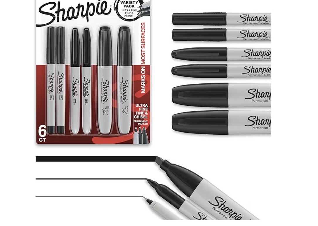 Sharpie Permanent Markers Variety Pack with chisel, fine, and ultra-fine tips in Black, 6 Count