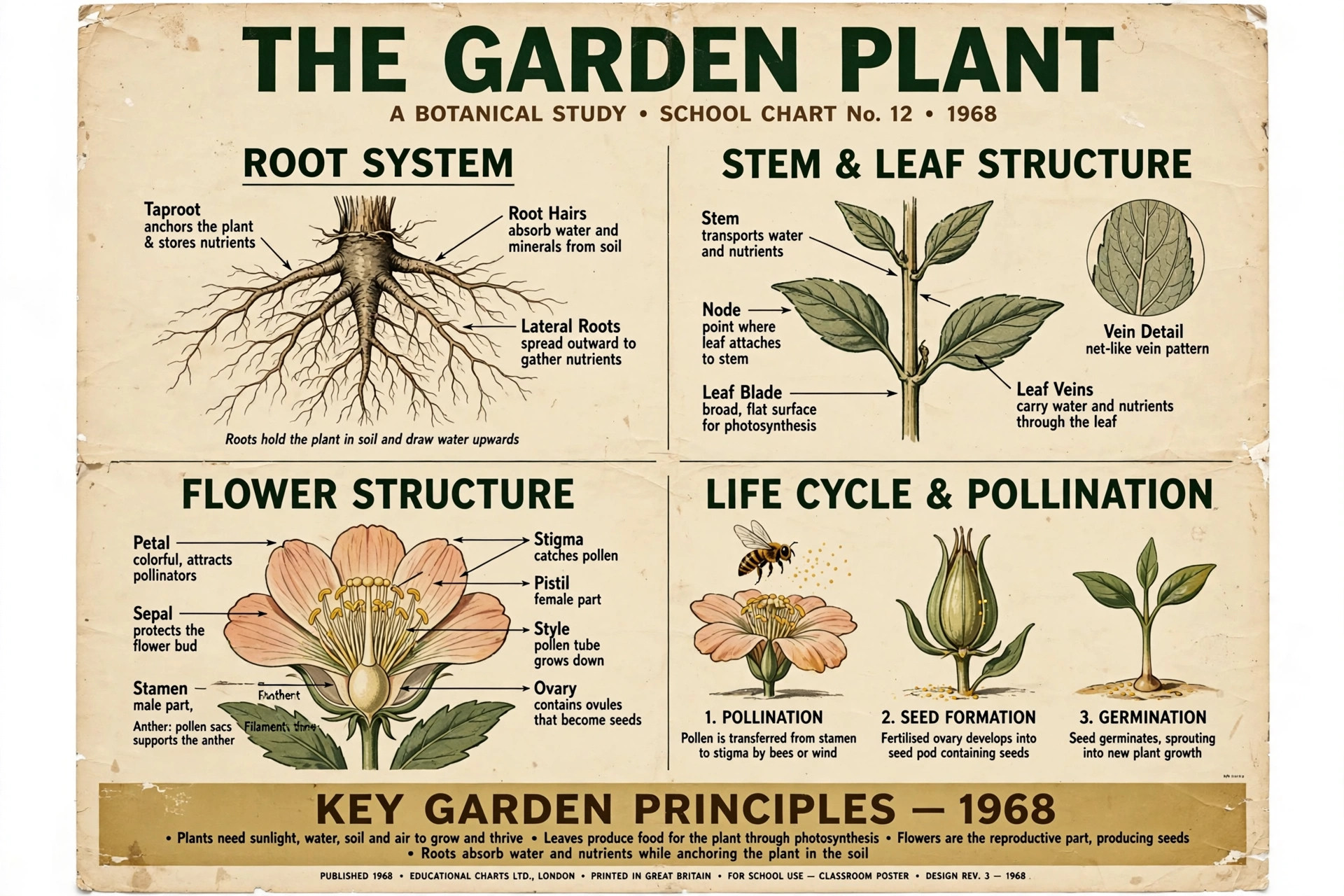 Sample 1968 mid-century botanical school chart in a cozy plant-filled study